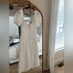 White Eyelet Puff-Sleeve Midi Dress